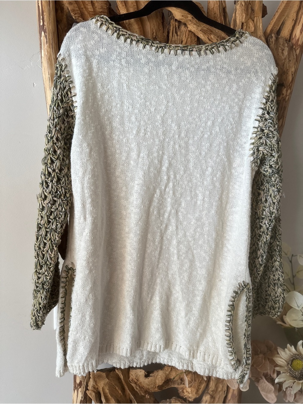 Cream Tunic Sweater with Olive Knit Sleeves and Teal Flower - Picture 5 of 5